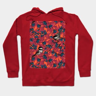 Chickadee birds on blueberry branches in red Hoodie